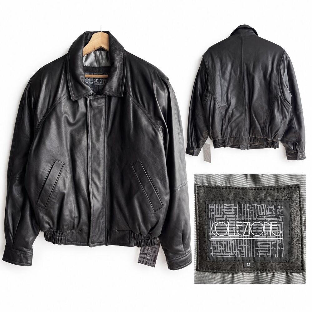 NWT Vintage 80's Collezione Men M Black Leather Full Zip Moto Bomber Jacket NEW